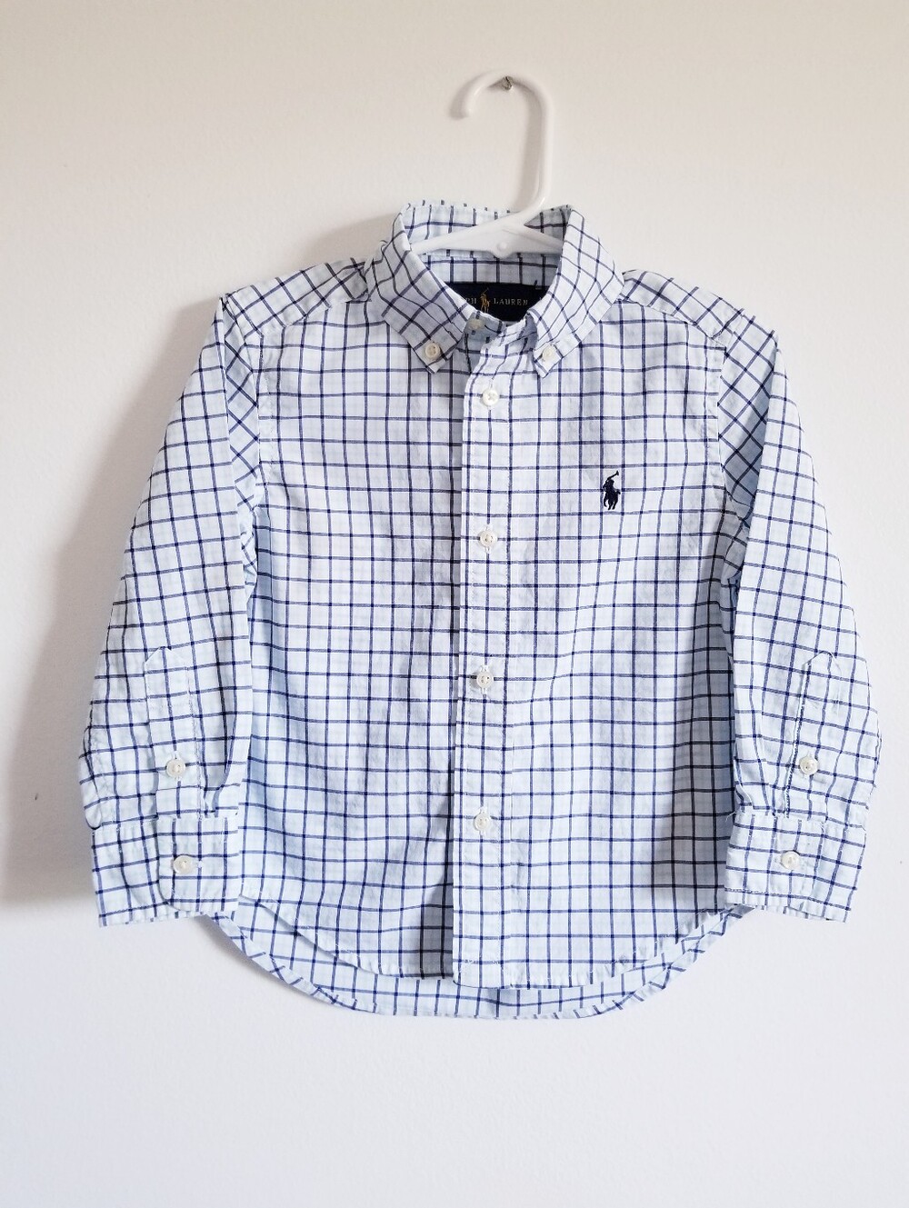 Ralph Lauren White Button-Down Shirt with Blue Windowpane Check for Kids